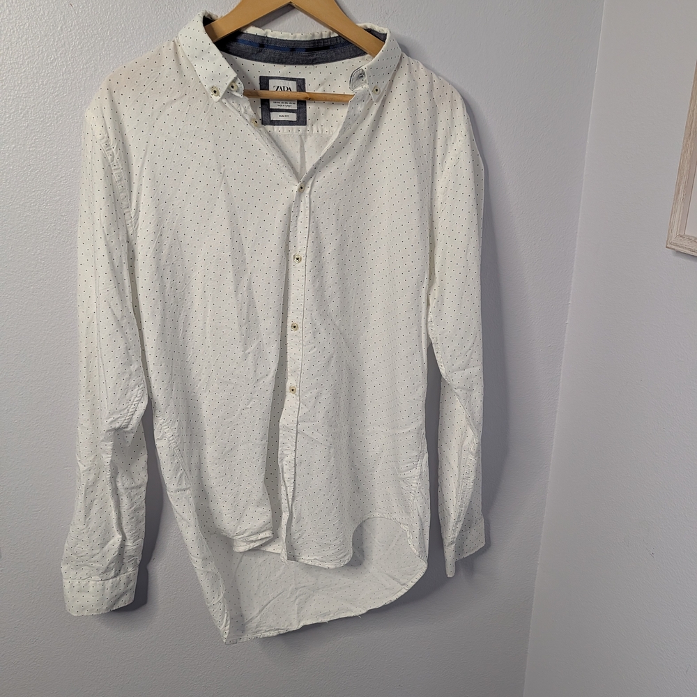 Zara Men’s Button Down Shirt XXL – White Micro Dot Slim‎ Fit Long Sleeve